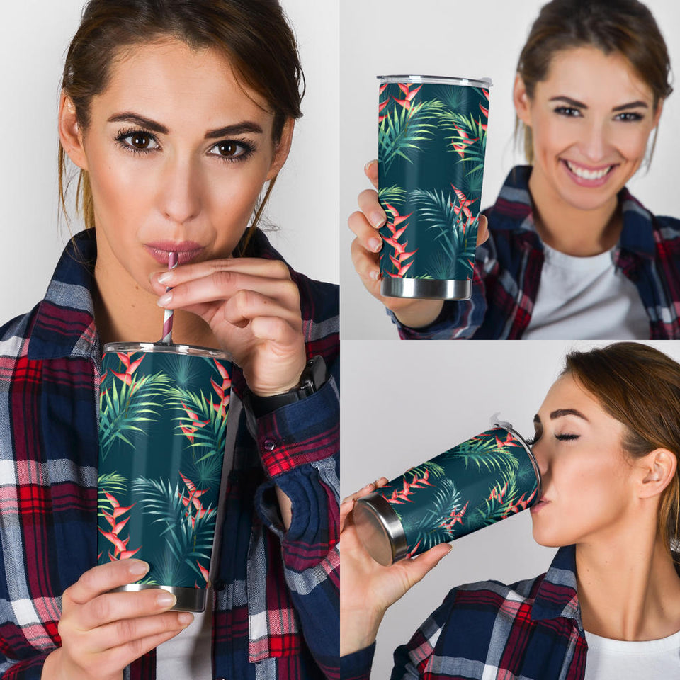 Heliconia Flowers, Palm And Monstera Leaves On Black Background Pattern Tumbler