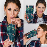 Heliconia Flowers, Palm And Monstera Leaves On Black Background Pattern Tumbler