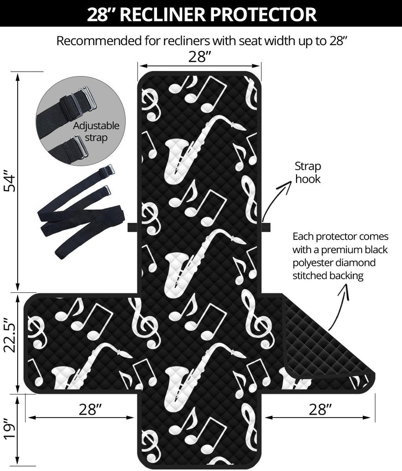 Saxophone music notes treble clef black white theme Recliner Cover Protector