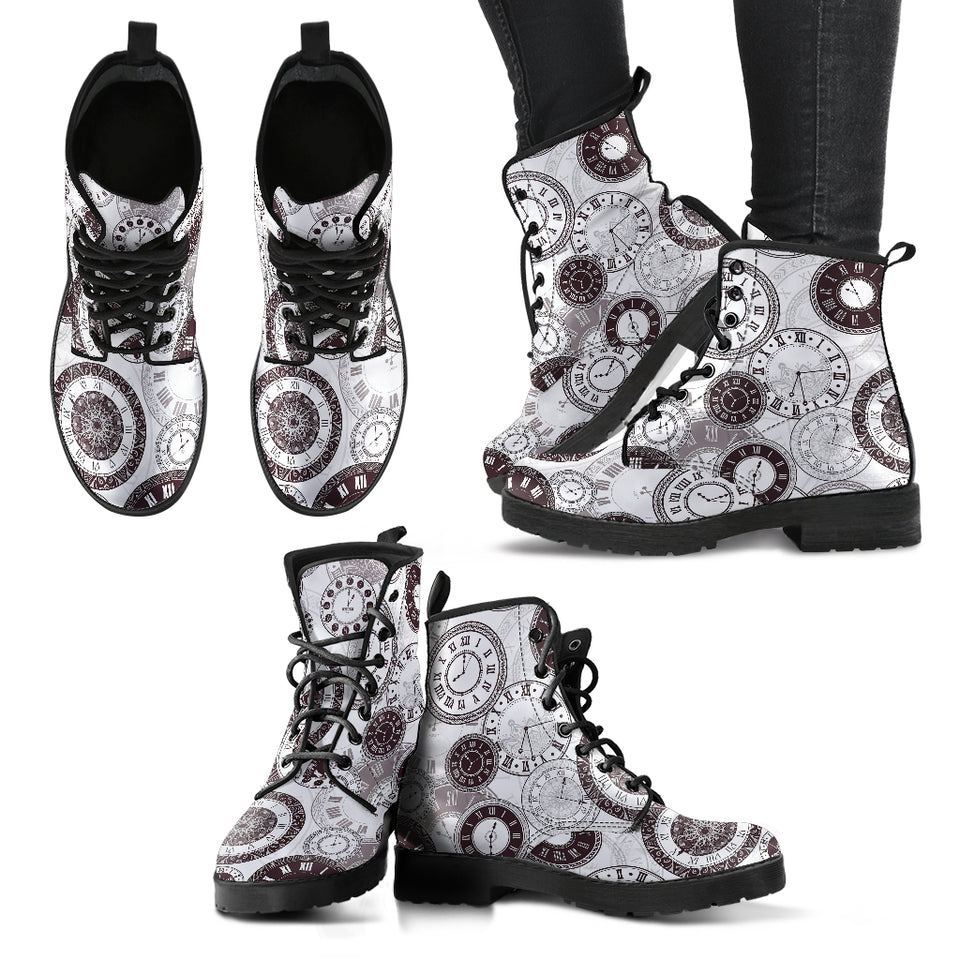 Classic Vintage Clock Pattern Leather Boots