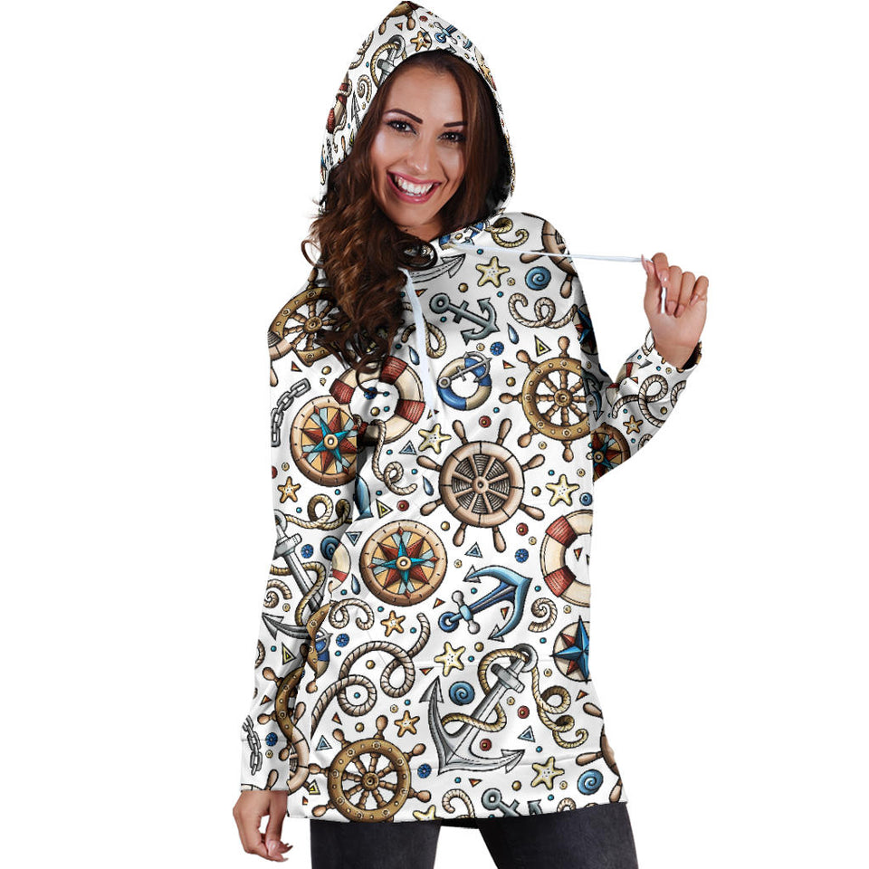 Cute Nautical Steering Wheel Anchor Pattern Women'S Hoodie Dress