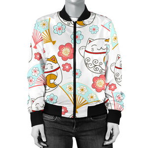 Maneki Neko Lucky Cat Fan Sakura Women'S Bomber Jacket