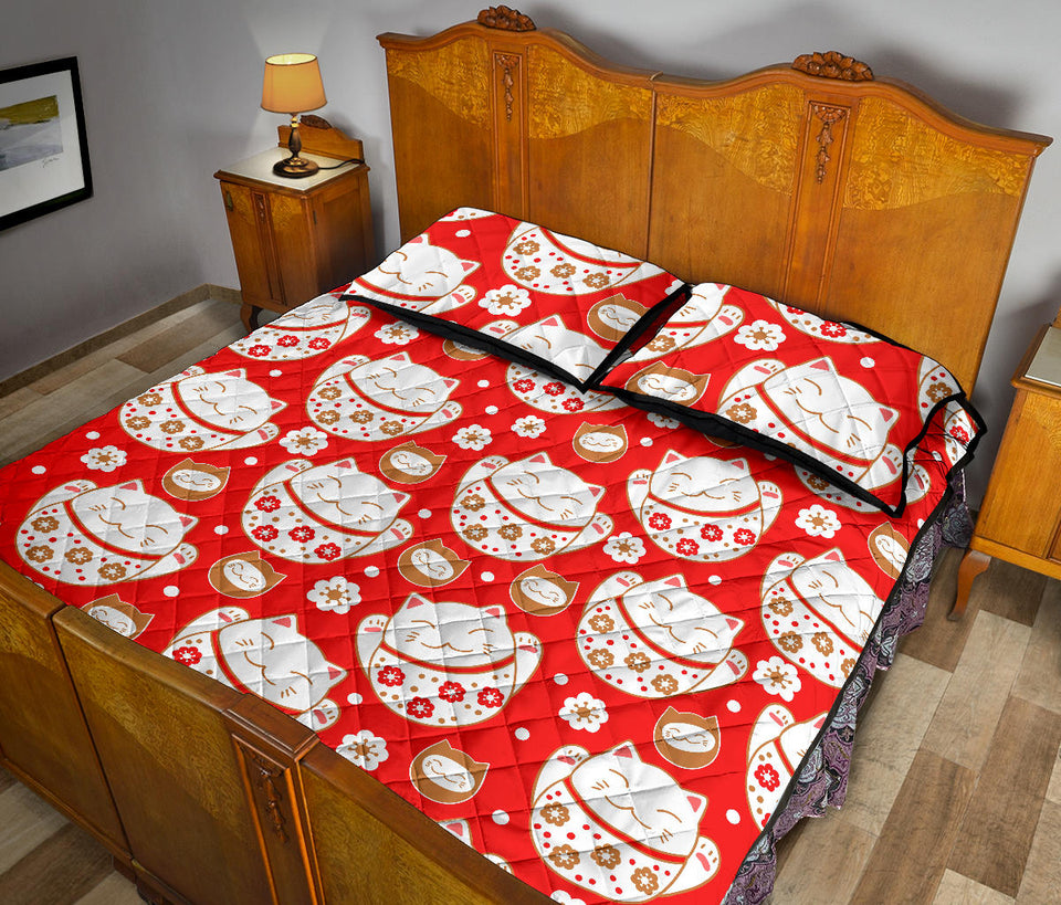 Cute Maneki Neko Lucky Cat red background Quilt Bed Set