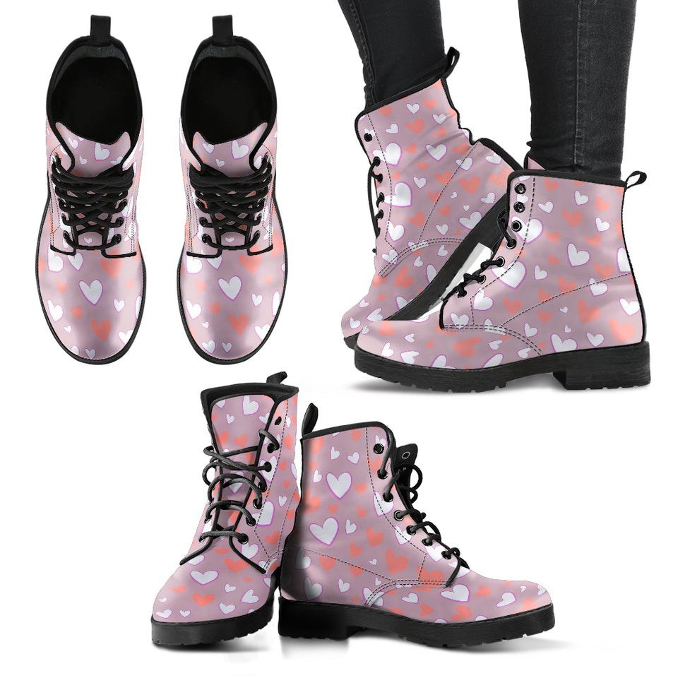 Coral White Heart Pattern Leather Boots