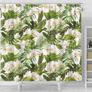 White Orchid Flower Tropical Leaves Pattern Shower Curtain Fulfilled In US