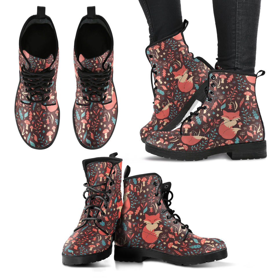 Fox Leaves Mushroom Pattern Leather Boots