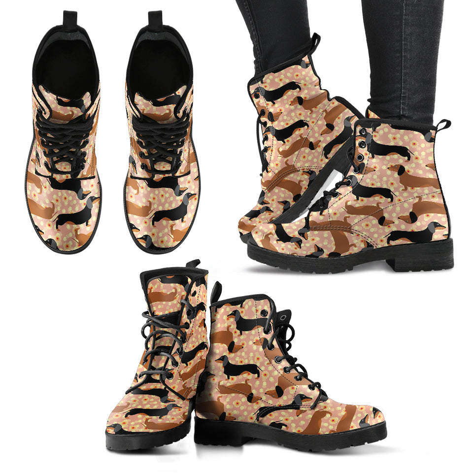 Dachshund Floral Background Leather Boots