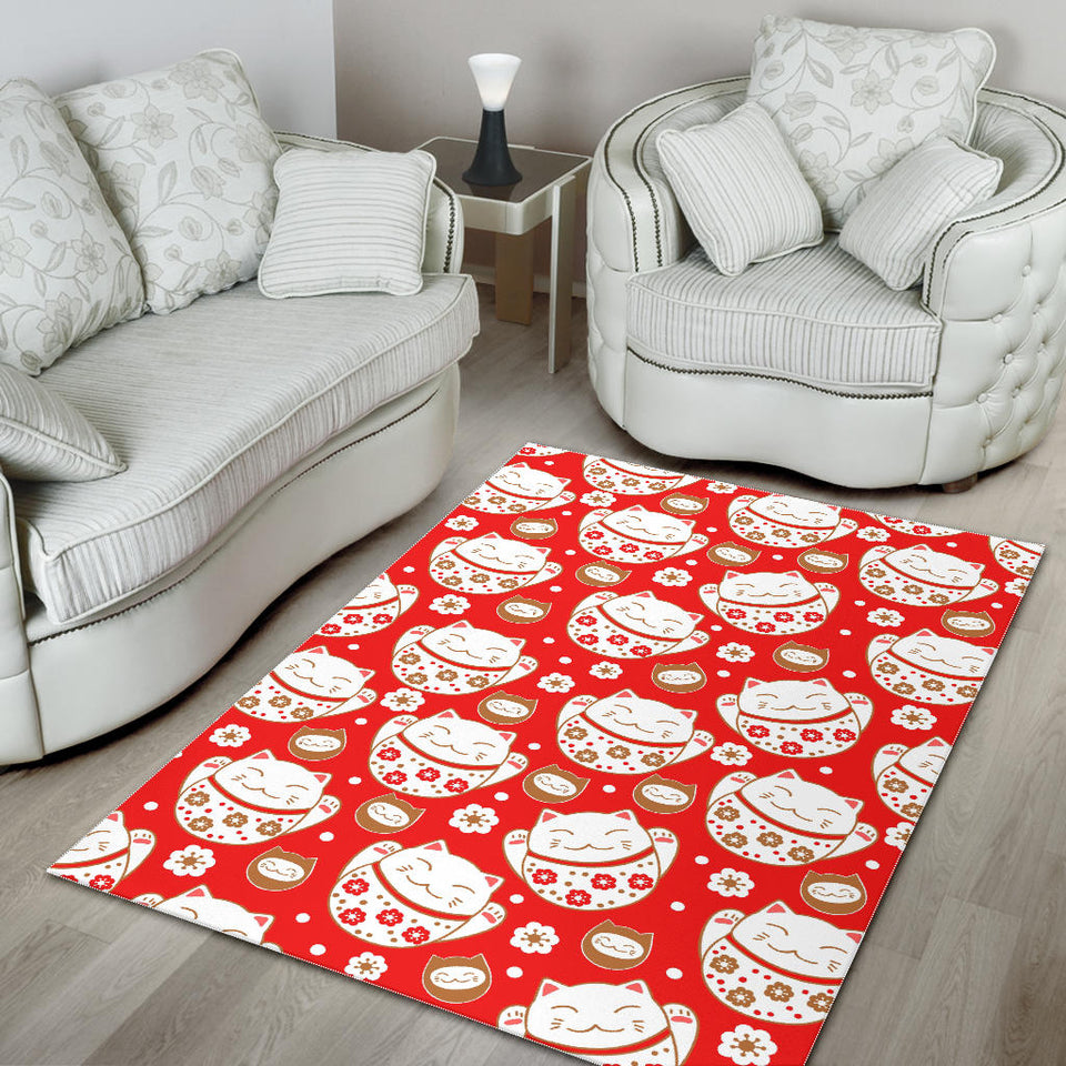 Cute Maneki Neko Lucky Cat Red Background Area Rug