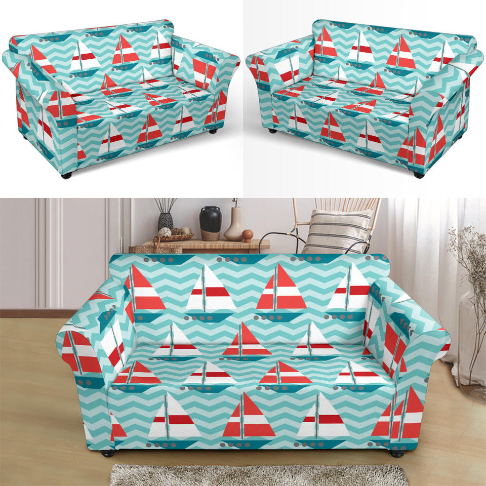 Red White Sailboat Wave Background Loveseat Couch Slipcover