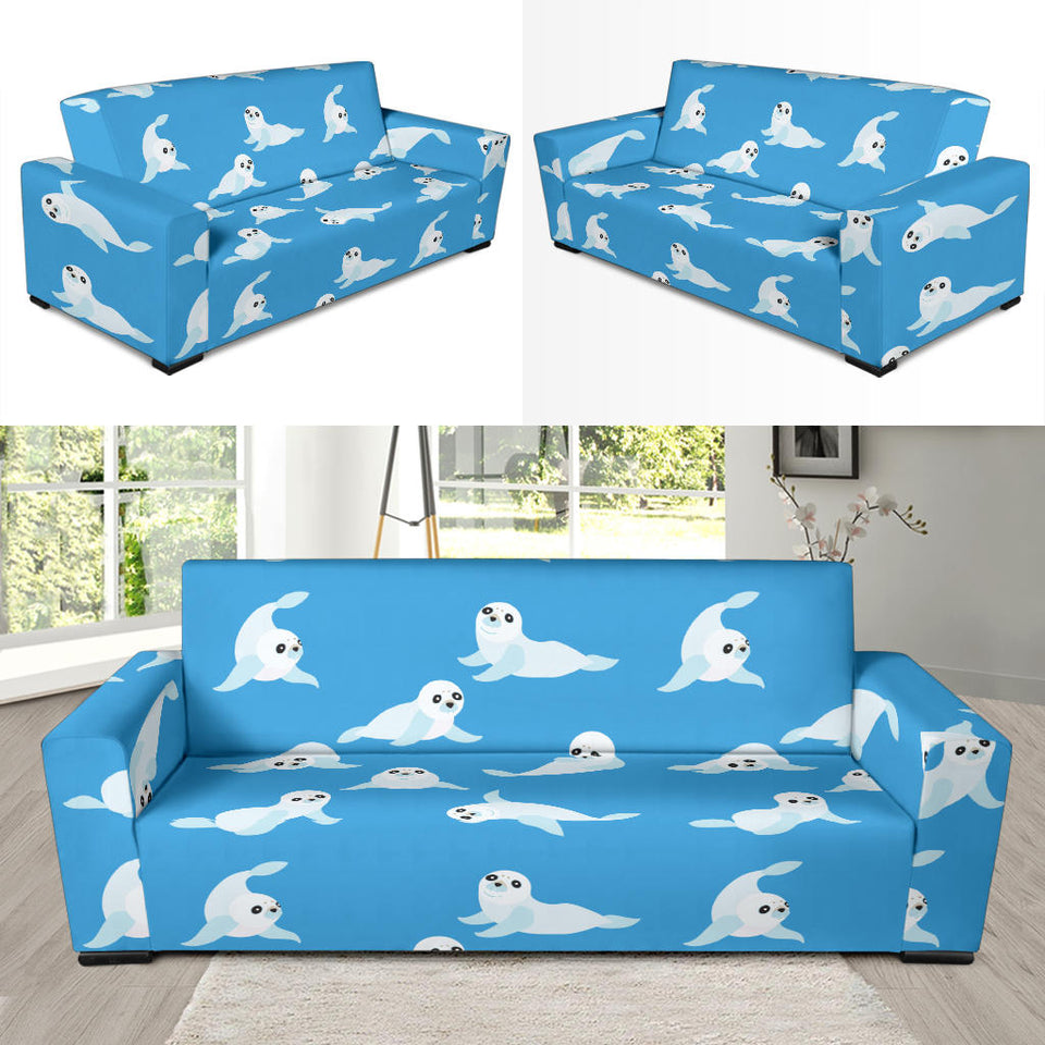 Cute Sea Lion Seal Pattern Background Sofa Slipcover