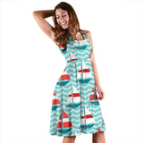 Red White Sailboat Wave Background Sleeveless Midi Dress