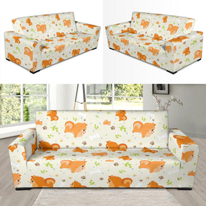 Cute Brown Pomeranian Paw Leave Bone Pattern Sofa Slipcover