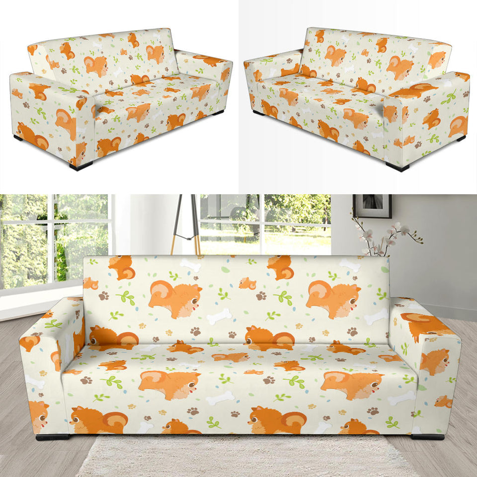 Cute Brown Pomeranian Paw Leave Bone Pattern Sofa Slipcover