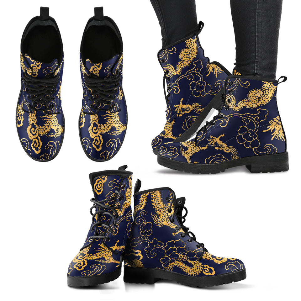 Gold Dragon Pattern Leather Boots
