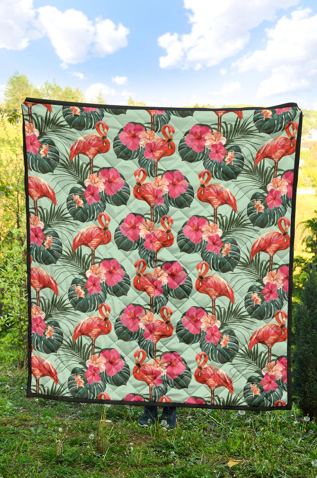 Beautiful Flamingo Tropical Palm Leaves Hibiscus Pateern Background Premium Quilt