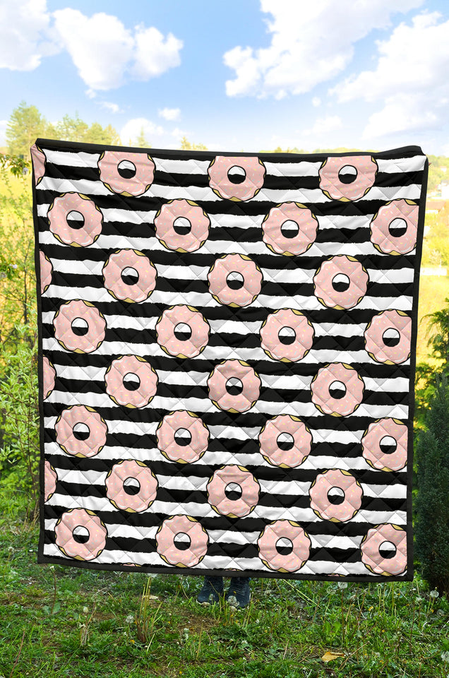 Donuts Pink Icing Striped Pattern Premium Quilt