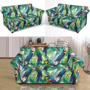Colorful Parrot Exotic Flower Leaves Loveseat Couch Slipcover