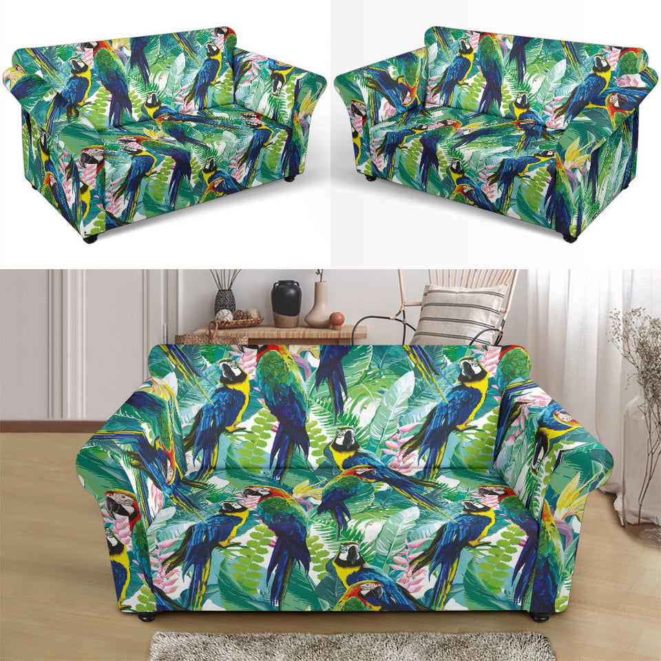 Colorful Parrot Exotic Flower Leaves Loveseat Couch Slipcover