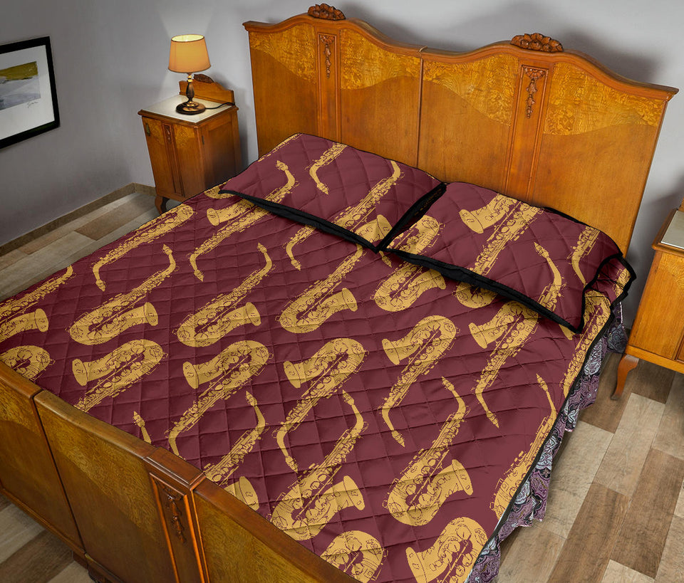 Hand drawn gold saxophone red background  Quilt Bed Set