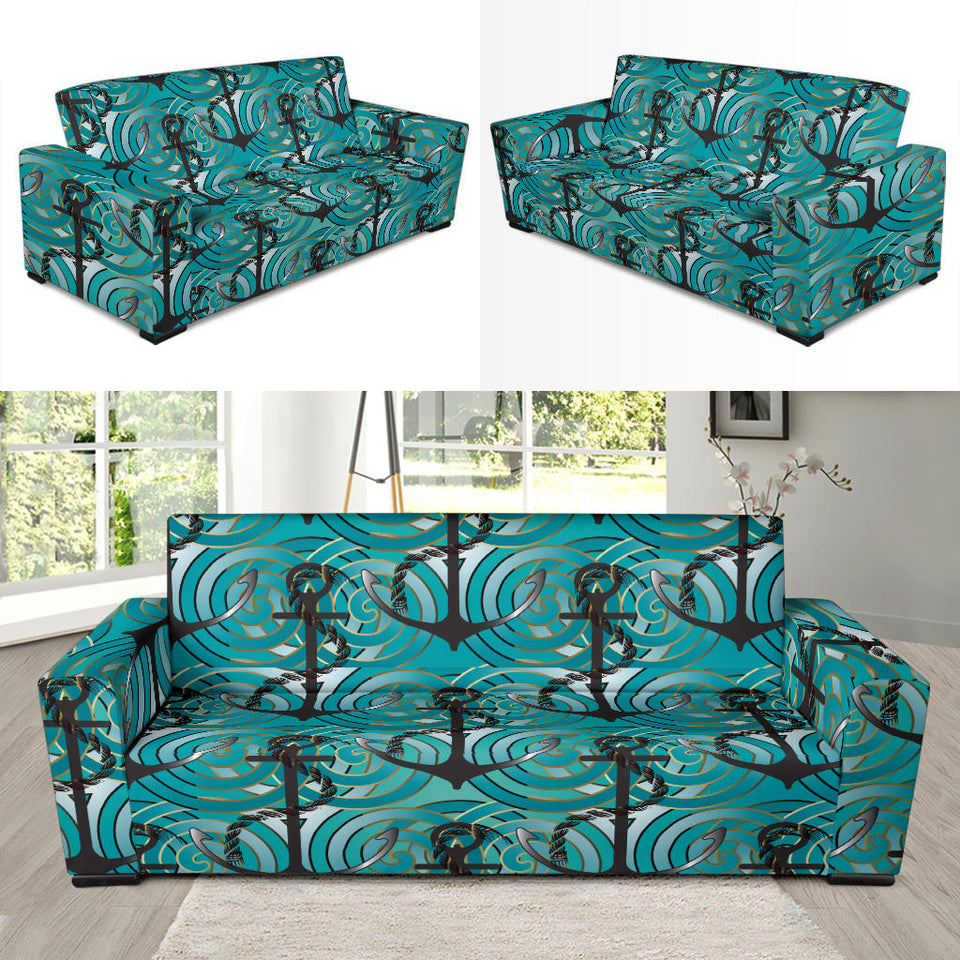Anchor Nautical Green Background Sofa Slipcover
