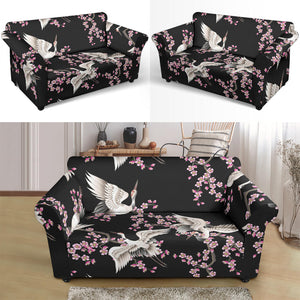 Japanese Crane Pink Sakura Pattern Loveseat Couch Slipcover