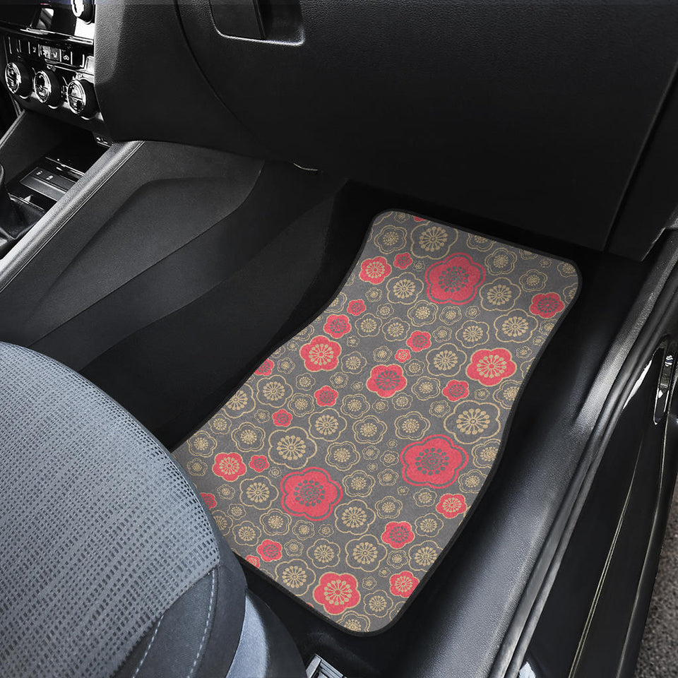 Red Gold Sakura Cherry Blossom Gray Background Front And Back Car Mats
