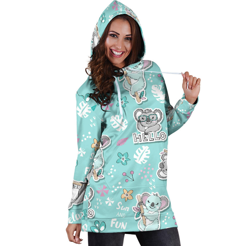 Cute Koalas Blue Background Pattern Women'S Hoodie Dress