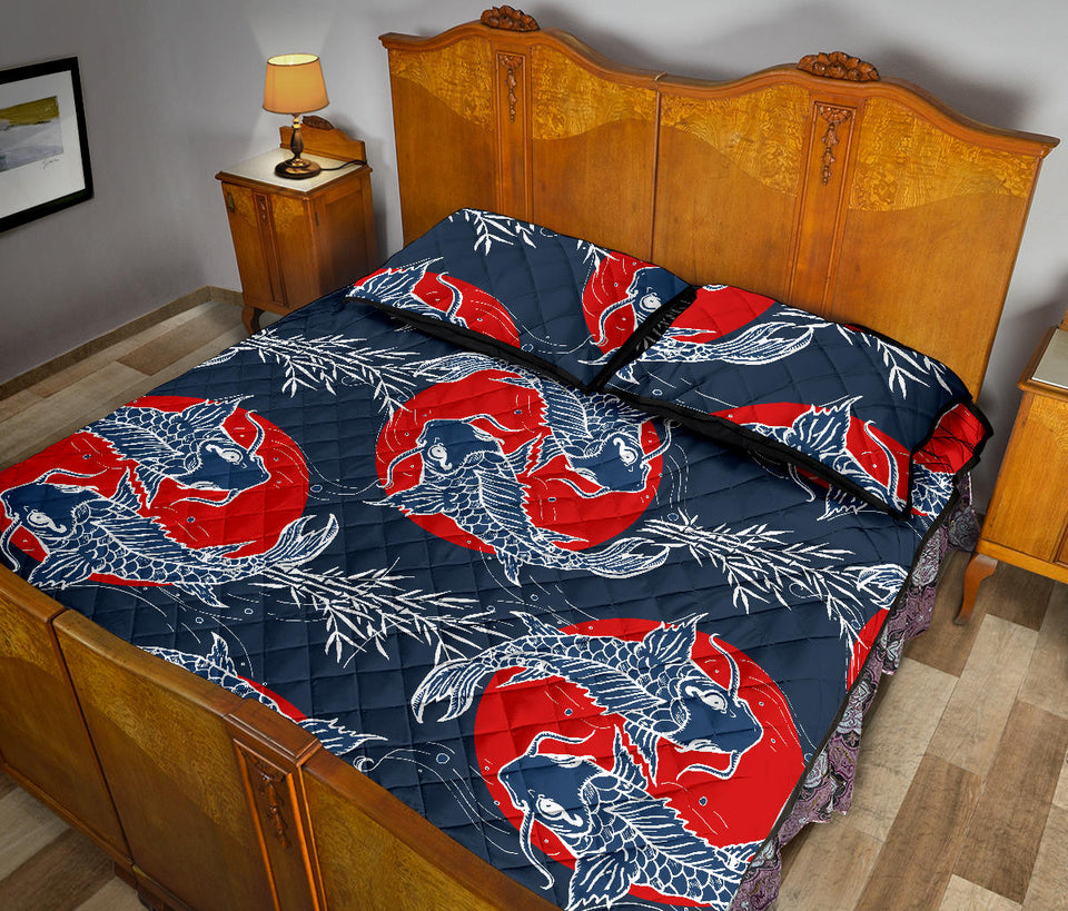 Koi Fish Carp Fishs hand drawn japanese art Quilt Bed Set