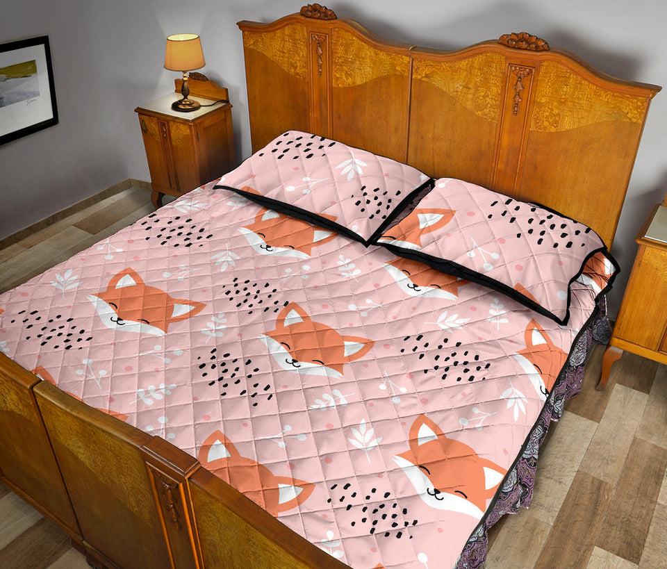 Cute fox pattern pink background Quilt Bed Set