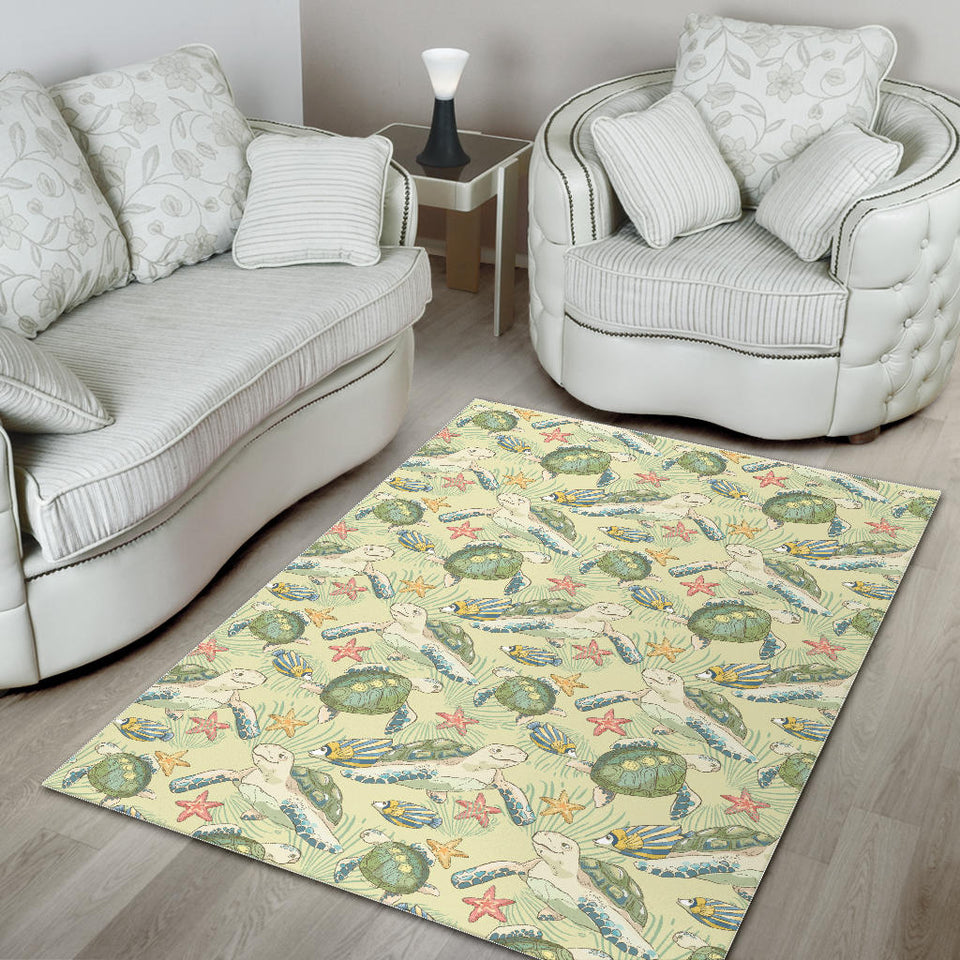 Hand Drawn Sea Turtle Fish Pattern Area Rug