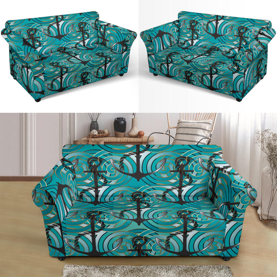 Anchor Nautical Green Background Loveseat Couch Slipcover