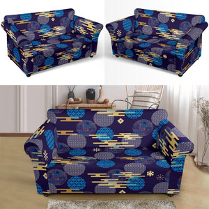 Blue Japanese Pattern Cloud Wave Flower Loveseat Couch Slipcover