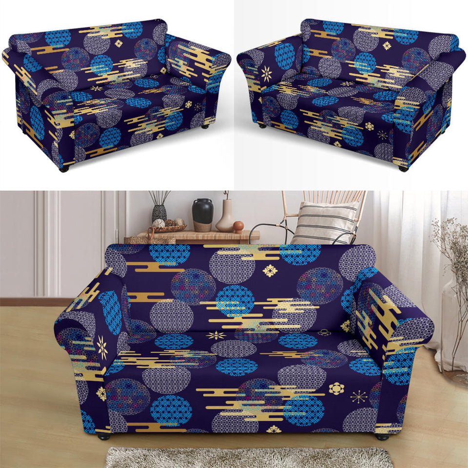Blue Japanese Pattern Cloud Wave Flower Loveseat Couch Slipcover