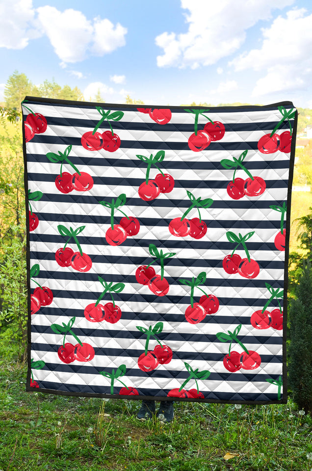 Hand Drawn Cherry Pattern Striped Background Premium Quilt