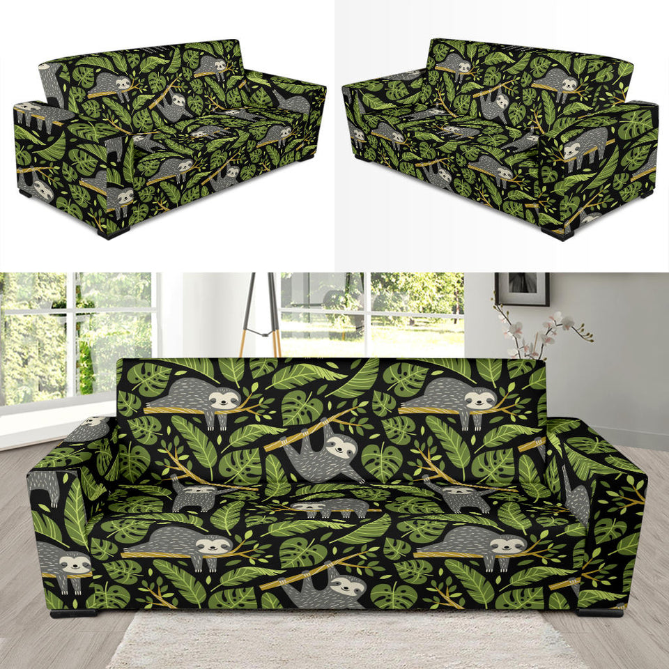 Cute Sloths Tropical Palm Leaves Black Background Sofa Slipcover