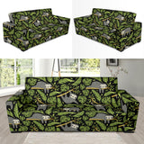 Cute Sloths Tropical Palm Leaves Black Background Sofa Slipcover