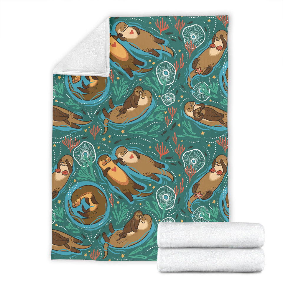 Cute Brown Sea Otters Ornamental Seaweed Corals Green Water Premium Blanket