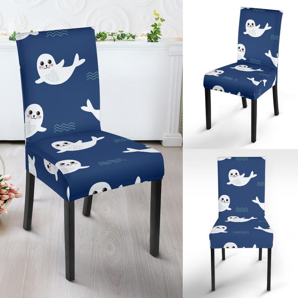 Cute White Baby Sea Lion Seal Pattern Dining Chair Slipcover