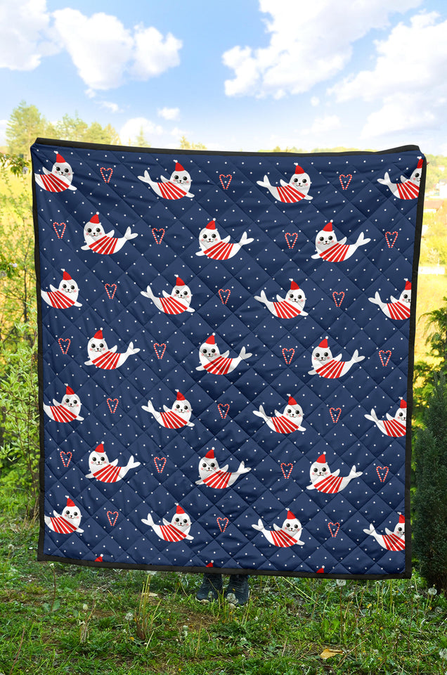 Cute Sea Lion Seal Christmas Hat Candy Cane Heart Pattern Premium Quilt