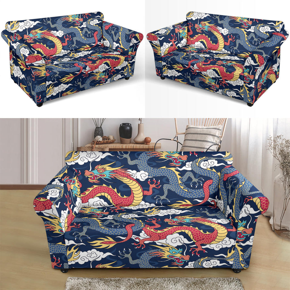 Blue Red Dragon Cloud Pattern Loveseat Couch Slipcover