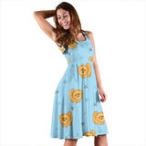 Brown Cute Pomeranian Blue Blackground Sleeveless Midi Dress