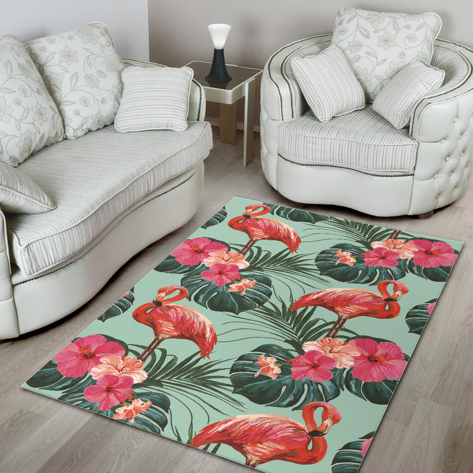 Beautiful Flamingo Tropical Palm Leaves Hibiscus Pateern Background Area Rug