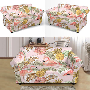 Pink Flamingo Birds Pineapples Hibiscus Flower Pattern Loveseat Couch Slipcover