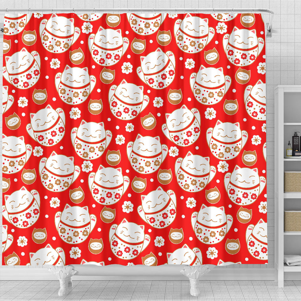 Cute Maneki Neko Lucky Cat Red Background Shower Curtain Fulfilled In US