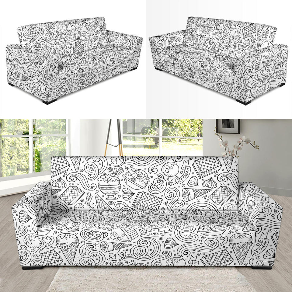 Cartoon Hand Drawn Ice Cream Black White Sofa Slipcover