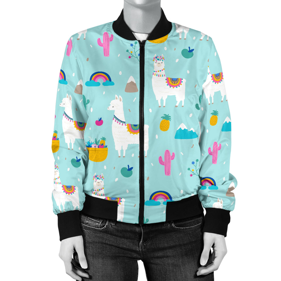 Llama Alpaca Cactus Leaves Pattern Women'S Bomber Jacket