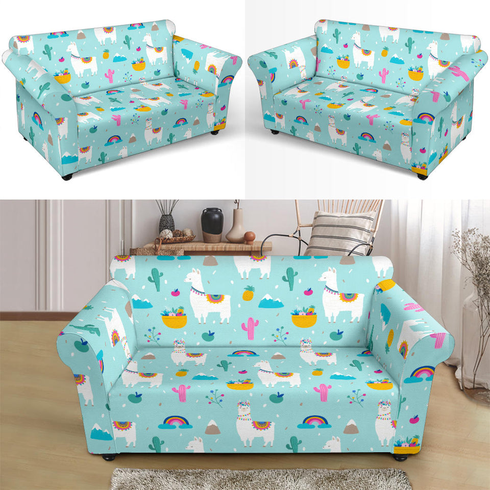 Llama Alpaca Cactus Leaves Pattern Loveseat Couch Slipcover