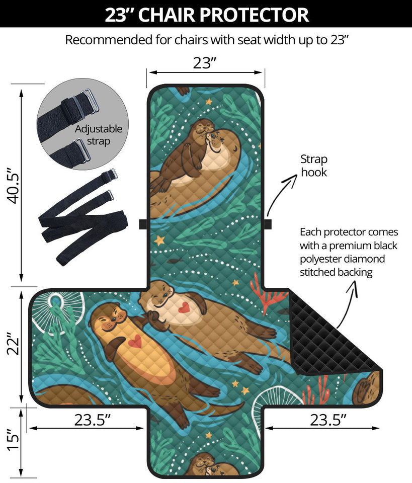 cute brown sea otters ornamental seaweed corals green water Chair Cover Protector