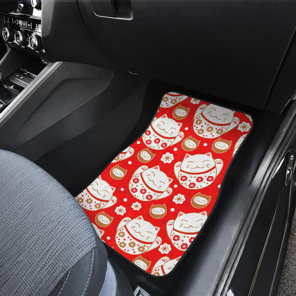 Cute Maneki Neko Lucky Cat Red Background Front And Back Car Mats