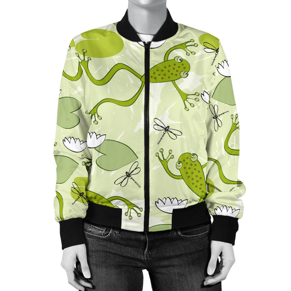 Cute Frog Dragonfly Pattern Women'S Bomber Jacket